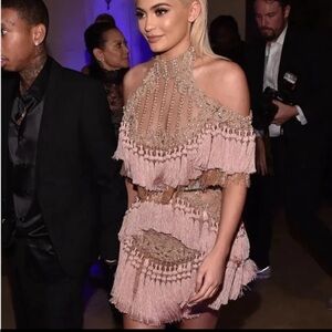 Elegant Light Pink Fringe Beaded Rhinestoned Mesh Mini Dress Could-Off Shoulder